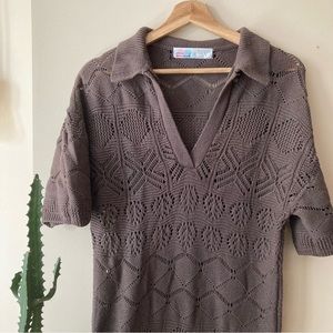 Free People Beach Crochet Knit Short Sleeve Cover Up Dress in Brown